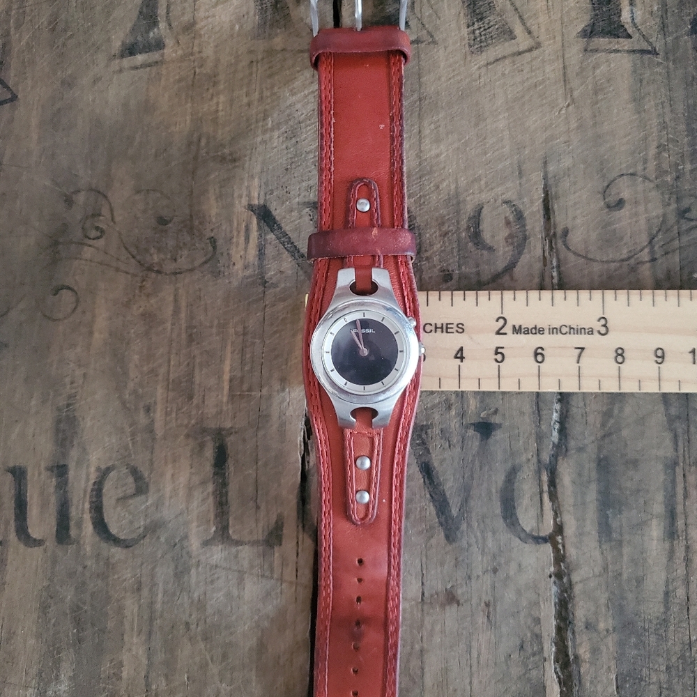 FOSSIL 'Rare' Vintage Big Tic Hearts Leather | Stainless Steel Wide Band Watch - Picture 12 of 14